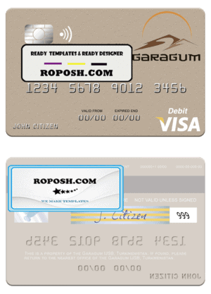 Turkmenistan Garagum IJSB visa debit card template in PSD format