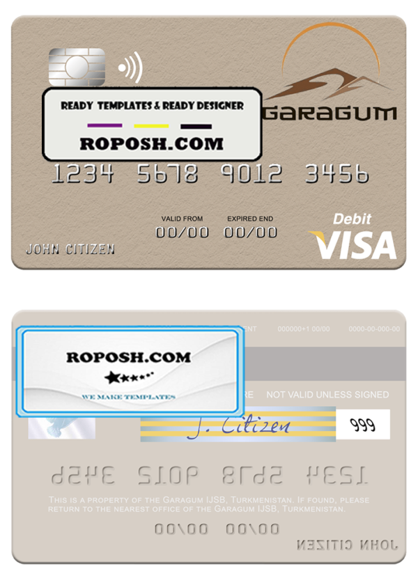 Turkmenistan Garagum IJSB visa debit card template in PSD format