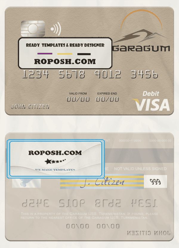 Turkmenistan Garagum IJSB visa debit card template in PSD format