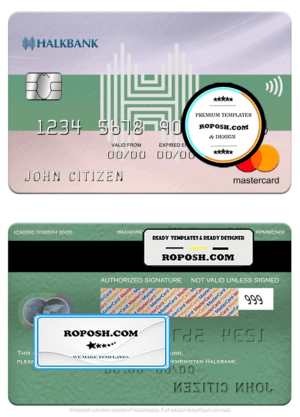 Turkmenistan Halkbank mastercard, fully editable template in PSD format