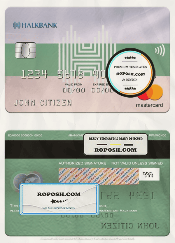 Turkmenistan Halkbank mastercard, fully editable template in PSD format