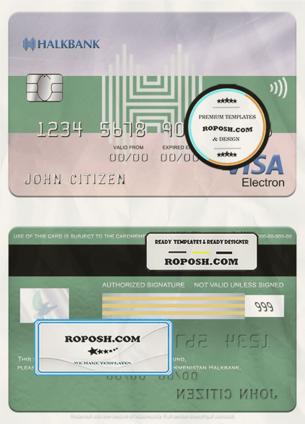 Turkmenistan Halkbank visa electron card, fully editable template in PSD format