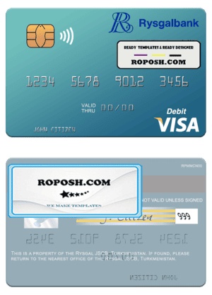 Turkmenistan Rysgal JSCB visa debit card template in PSD format