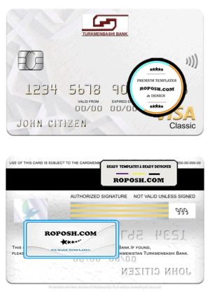 Turkmenistan Turkmenbashi Bank visa classic card, fully editable template in PSD format