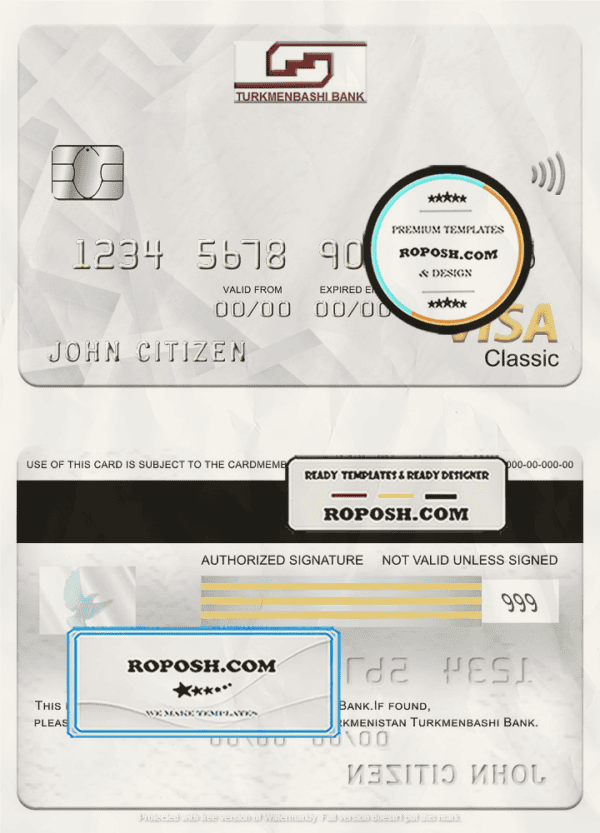 Turkmenistan Turkmenbashi Bank visa classic card, fully editable template in PSD format