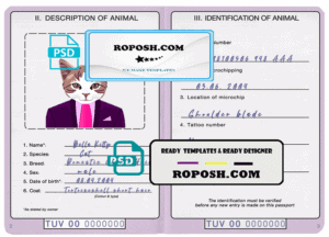 Tuvalu cat (animal, pet) passport PSD template, completely editable