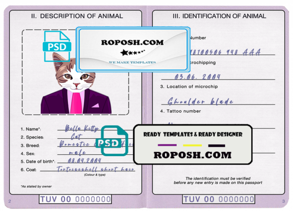 Tuvalu cat (animal, pet) passport PSD template, completely editable