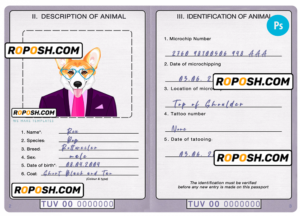 Tuvalu dog (animal, pet) passport PSD template, completely editable