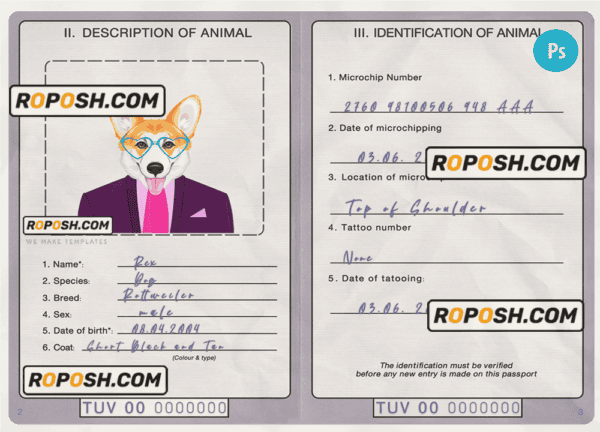 Tuvalu dog (animal, pet) passport PSD template, completely editable