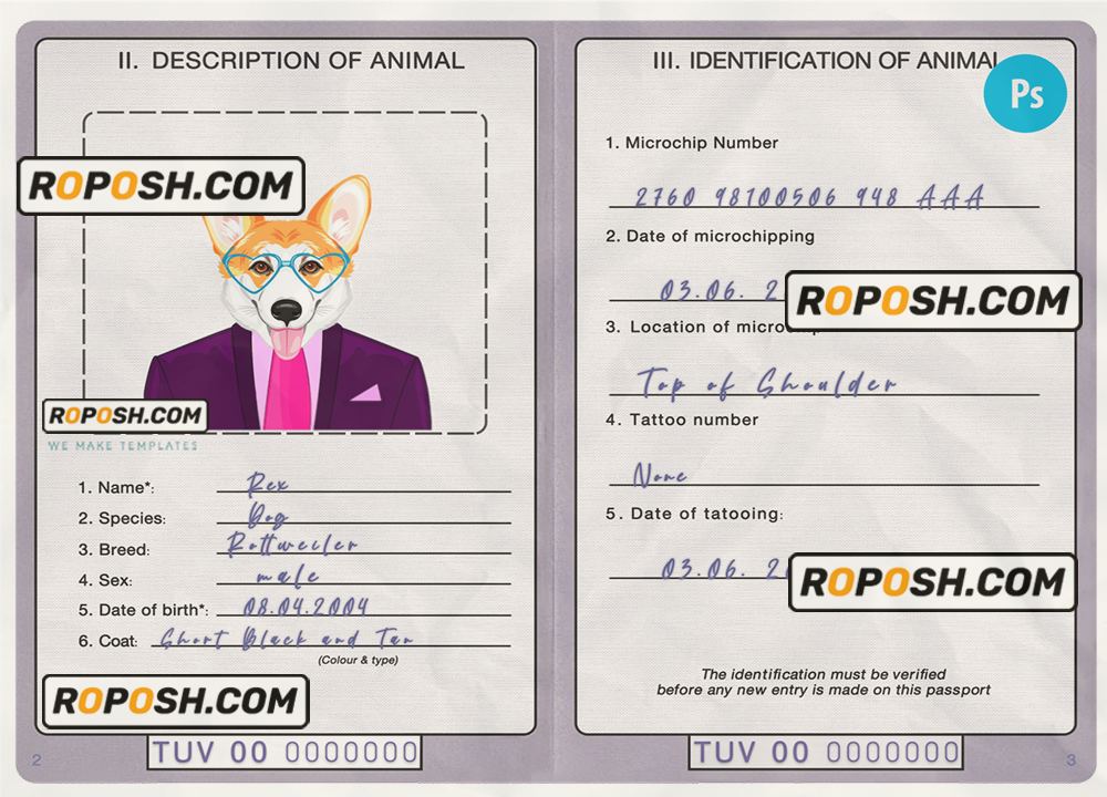 Tuvalu dog (animal, pet) passport PSD template, completely editable scan effect