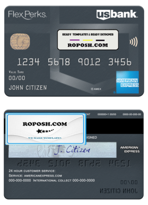 USA U.S. bank FlexPerks Reserve Amex card template in PSD format, fully editable
