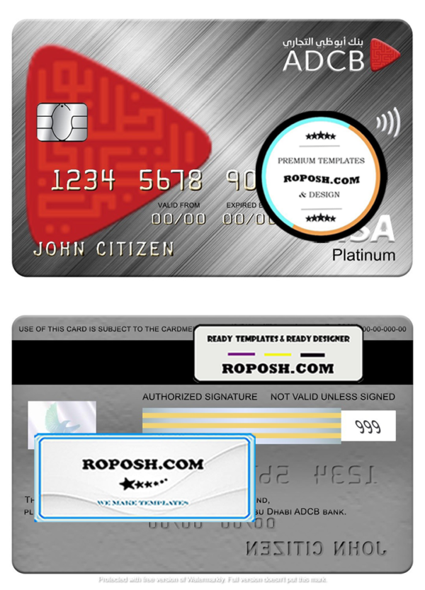UAE Abu Dhabi ADCB bank visa platinum card, fully editable template in PSD format