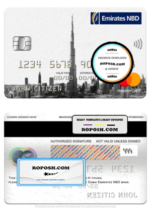 UAE Dubai Emirates NBD bank mastercard, fully editable template in PSD format