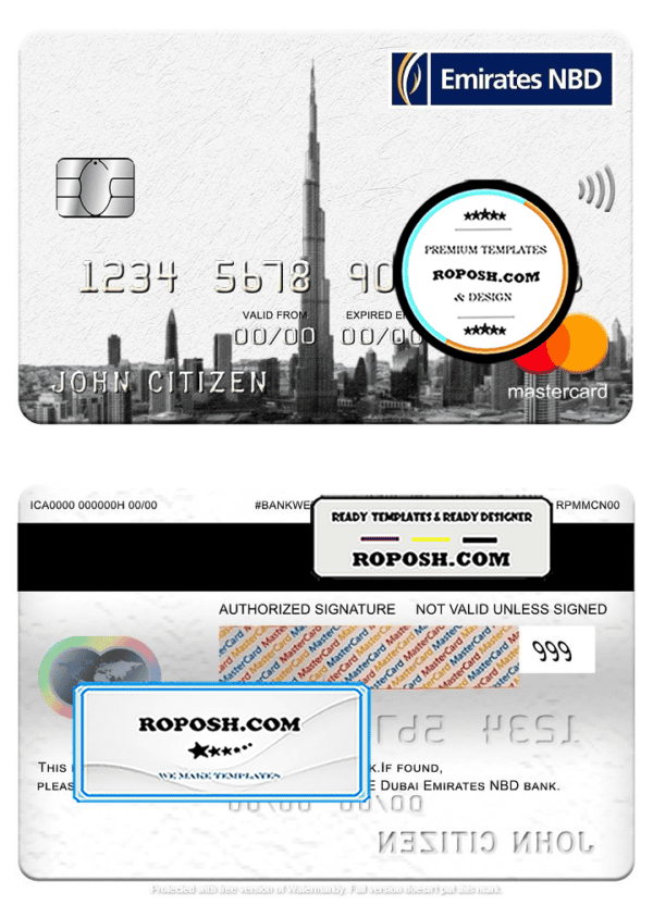 UAE Dubai Emirates NBD bank mastercard, fully editable template in PSD format