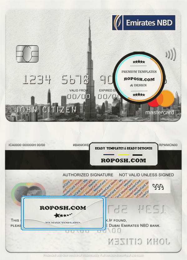 UAE Dubai Emirates NBD bank mastercard, fully editable template in PSD format