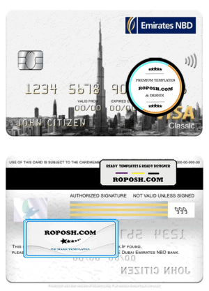 UAE Dubai Emirates NBD bank visa classic card, fully editable template in PSD format
