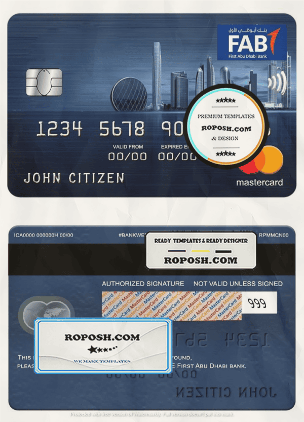 UAE First Abu Dhabi Bank mastercard, fully editable template in PSD format