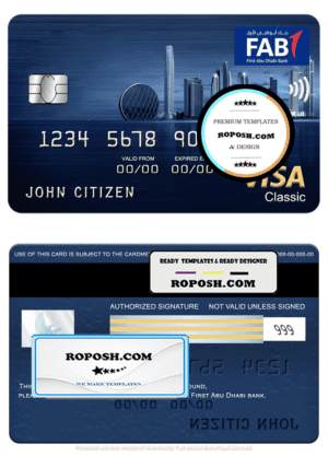 UAE First Abu Dhabi Bank visa classic card, fully editable template in PSD format