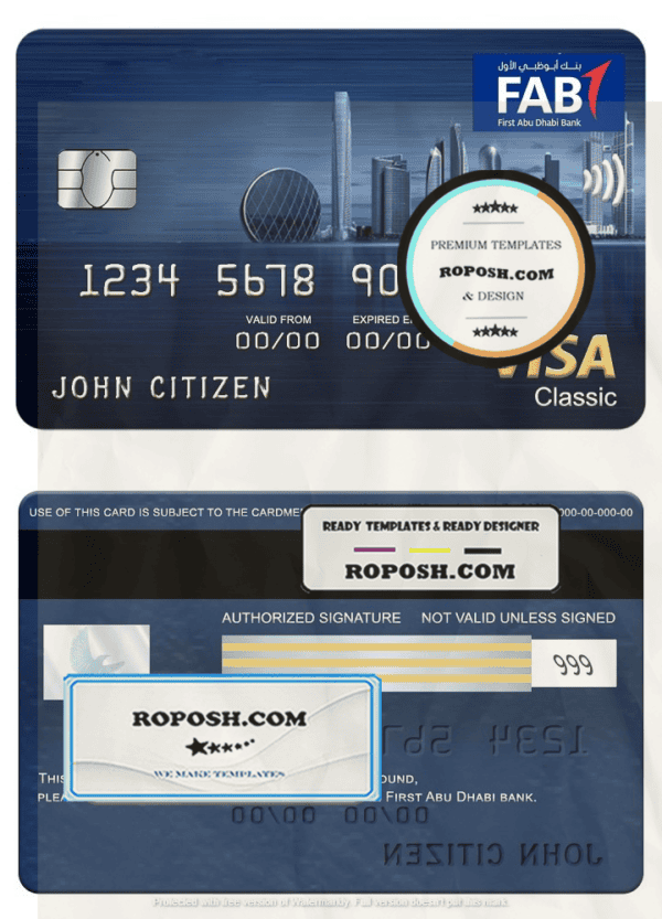 UAE First Abu Dhabi Bank visa classic card, fully editable template in PSD format