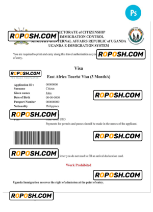 UGANDA electronic entry visa PSD template, fully editable