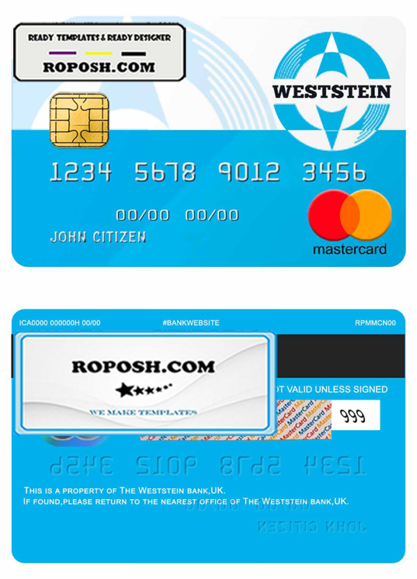 United Kingdom WestStein bank visa credit card template in PSD format