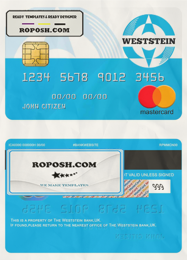 United Kingdom WestStein bank visa credit card template in PSD format scan effect