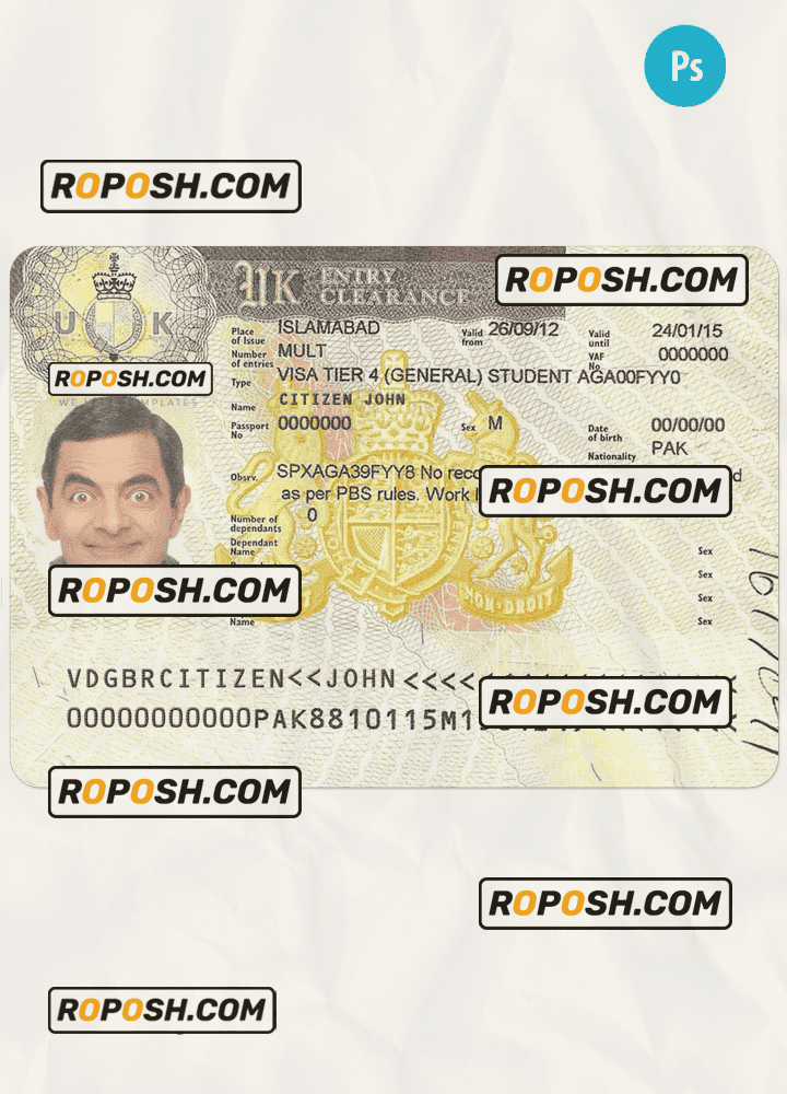 United Kingdom entry visa PSD template, completely editable, with fonts United Kingdom entry visa PSD template, completely editable, with fonts