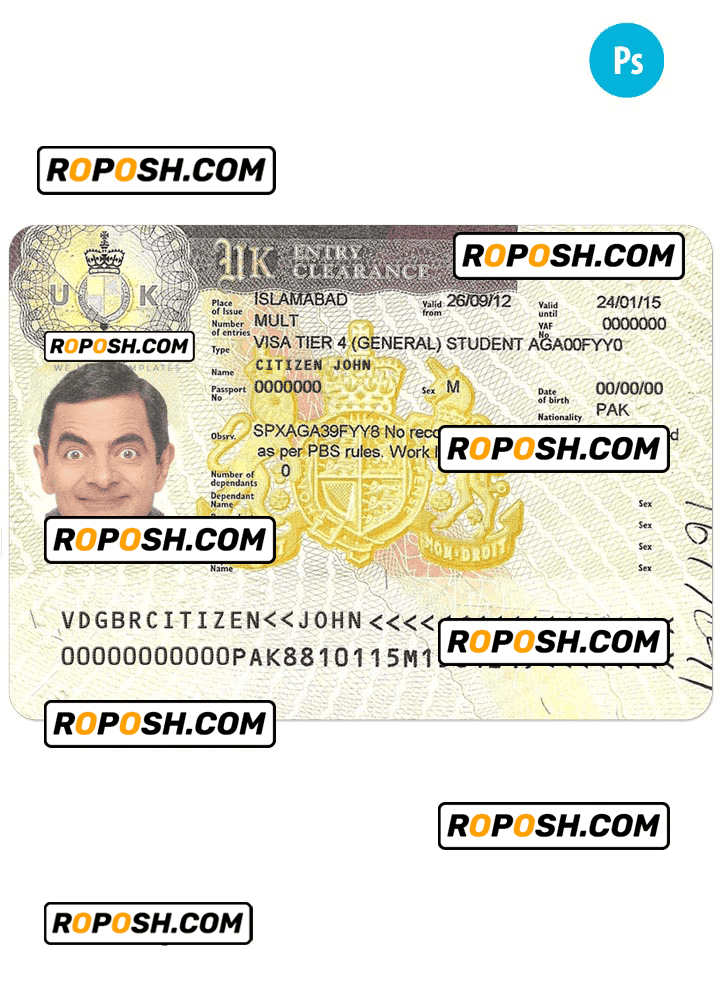 United Kingdom entry visa PSD template, completely editable, with fonts United Kingdom entry visa PSD template, completely editable, with fonts