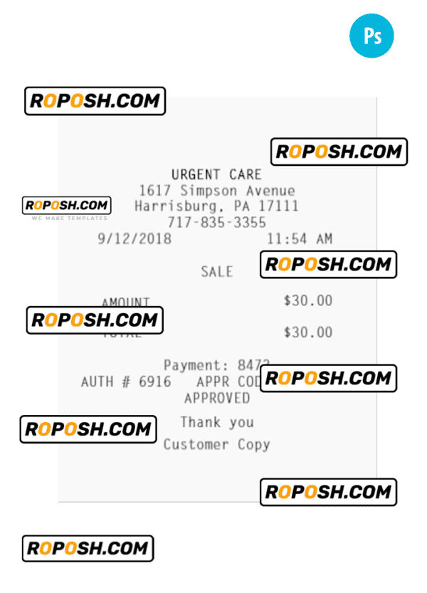 URGENT CARE payment receipt PSD template