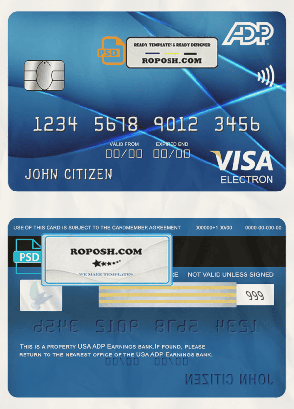 USA ADP Earnings bank visa electron card fully editable template in PSD form