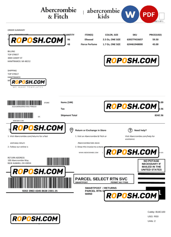 USA Abercrombie & Fitch invoice template Word and PDF template, fully editable