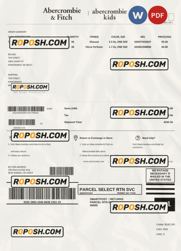 USA Abercrombie & Fitch invoice template Word and PDF template, fully editable