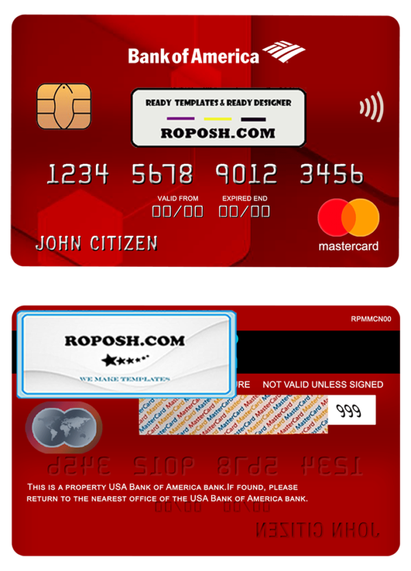 USA Bank of America bank mastercard fully editable template in PSD format