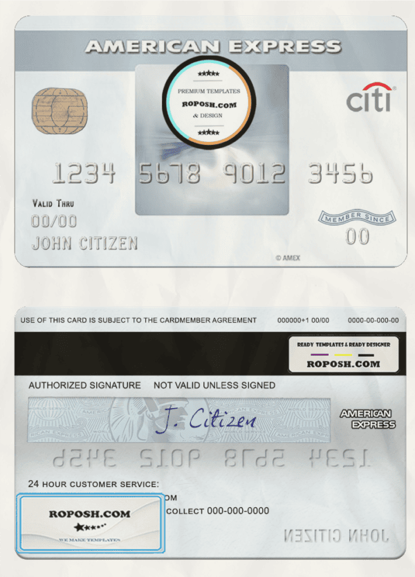 USA Citibank AMEX everyday® credit card template in PSD format, fully editable