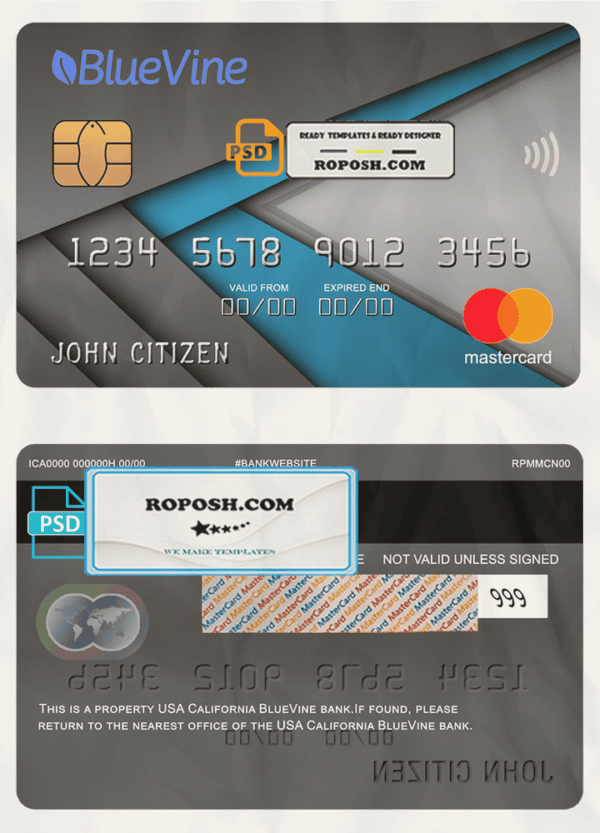 USA California BlueVine bank mastercard fully editable template in PSD format