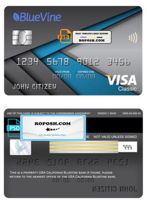 USA California BlueVine bank visa classic card fully editable template in PSD format