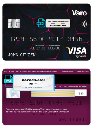 USA California Varo bank visa signature card fully editable template in PSD format