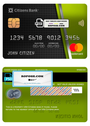 USA Citizens bank mastercard fully editable template in PSD format