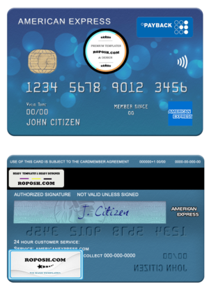 USA First Bank of Wiki AMEX payback card template in PSD format, fully editable