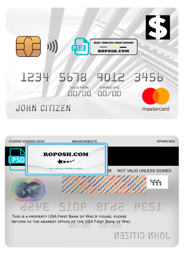 USA First Bank of Wiki mastercard fully editable template in PSD format