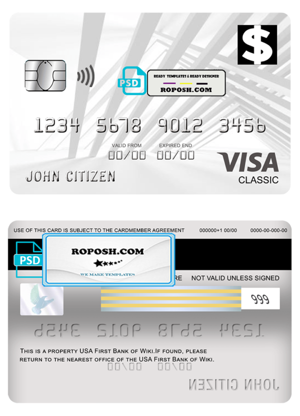 USA First Bank of Wiki visa classic card fully editable template in PSD format