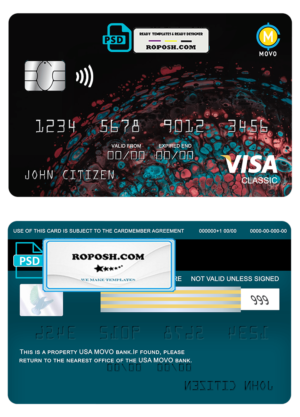 USA MOVO bank visa classic card fully editable template in PSD format