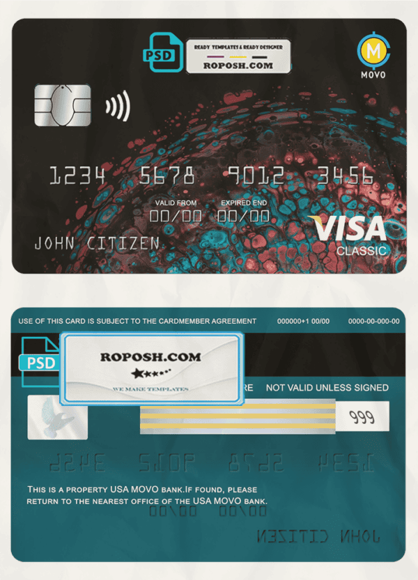 USA MOVO bank visa classic card fully editable template in PSD format