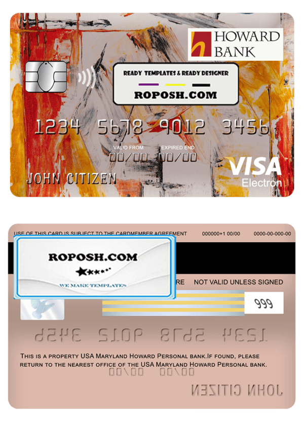 USA Maryland Howard Personal bank visa electron card fully editable template in PSD format