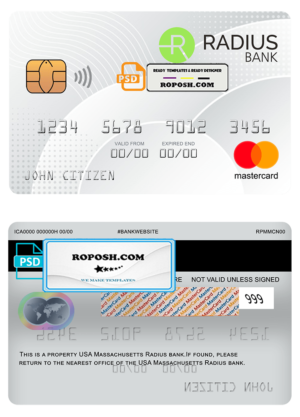 USA Massachusetts Radius bank mastercard fully editable template in PSD format
