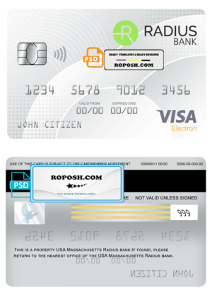 USA Massachusetts Radius bank visa electron card fully editable template in PSD format
