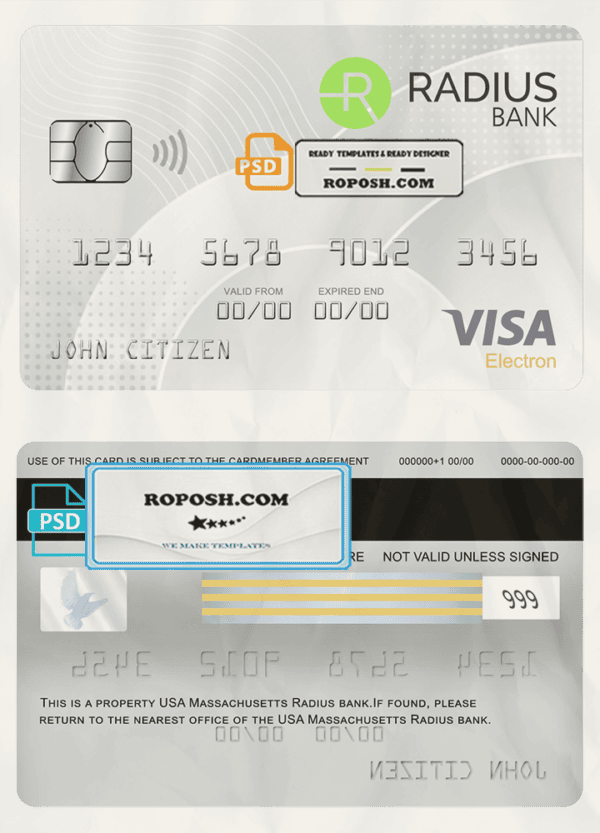 USA Massachusetts Radius bank visa electron card fully editable template in PSD format