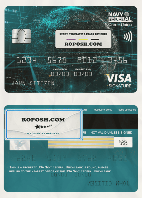 USA Navy Federal Union bank visa signature card fully editable template in PSD format