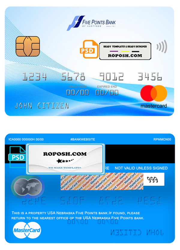 USA Nebraska Five Points Bank mastercard fully editable template in PSD format