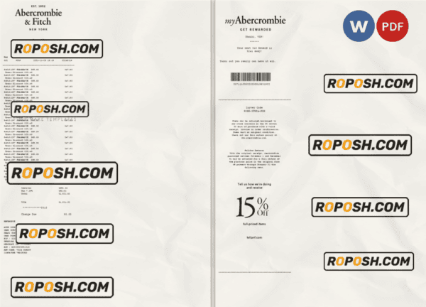 USA New York Abercrombie & Fitch payment check/receipt template Word and PDF template, fully editable